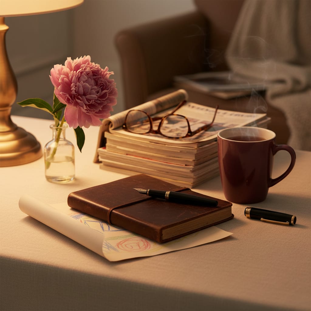 Leah Moretti's kitchen-table editing desk — proofs, a reading lamp and a cooling cup of tea after bedtime